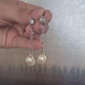 Silver and Cream Dangle Earrings with Pearl Drops